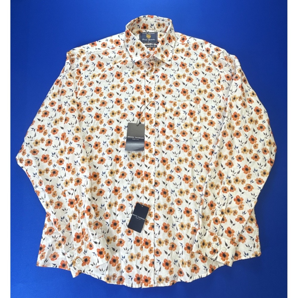 Brook Taverner Shirt Classic Fit Men's Size L Long Sleeve Floral Linen cotton